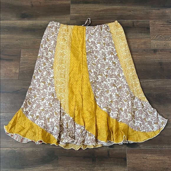 Sundance 100% Silk Skirt Size Large Boho Patchwork Midi Skirt Yellow Paisley - Picture 5 of 11